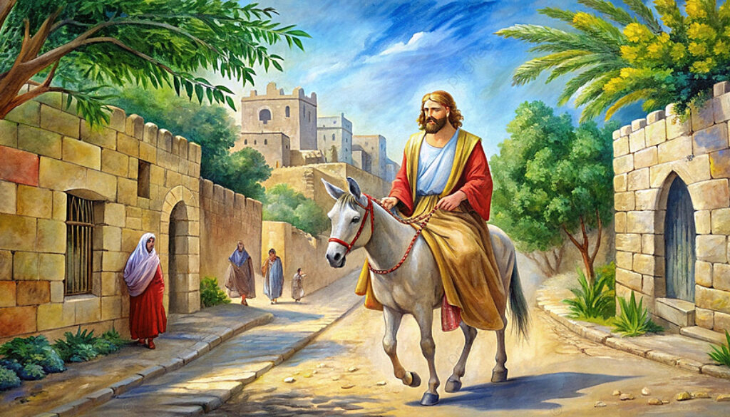 pngtree-jesus-riding-a-donkey-through-village-street-painting-illustration-image_16166443